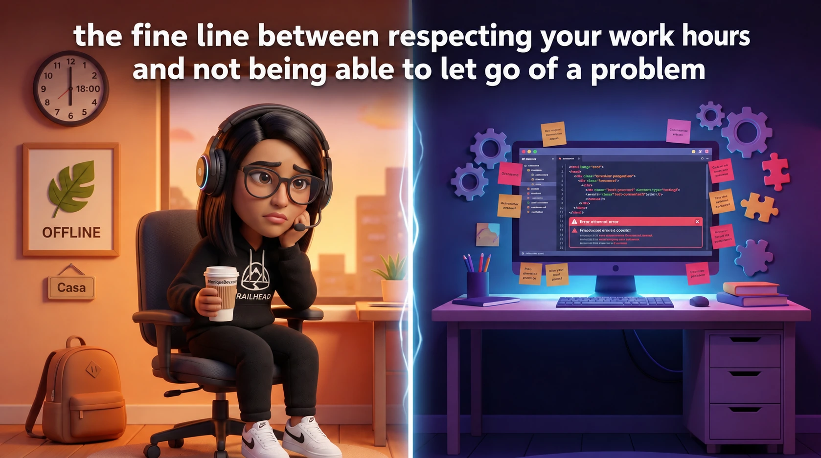 Illustration about ending the workday while still thinking about a coding problem