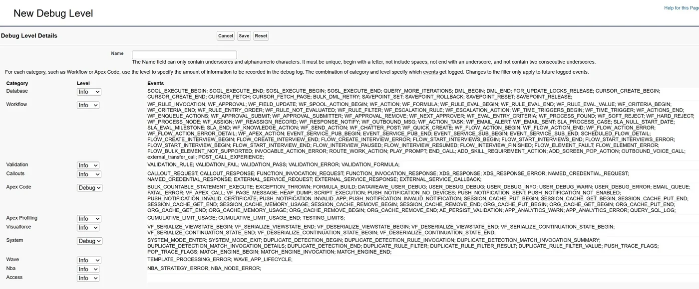 Tela real de configuração de Debug Level, mostrando cada categoria (Database, Workflow, Validation, Callouts, Apex Code, Apex Profiling, Visualforce, System, Wave, Nba, Access), o nível escolhido para cada uma e a lista de eventos que cada categoria pode gerar