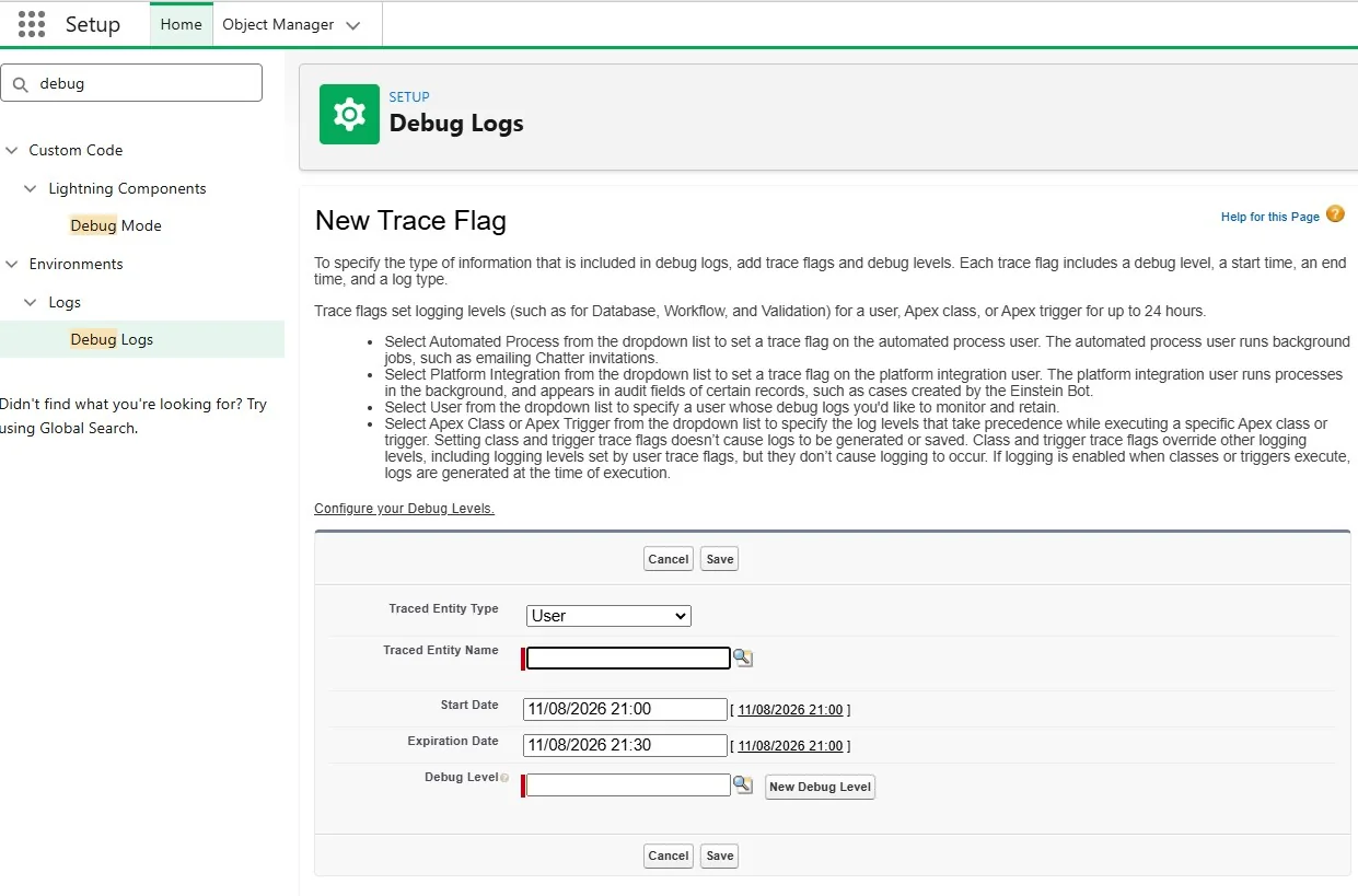 Formulário New Trace Flag com campos Traced Entity Type, Traced Entity Name, Start Date, Expiration Date, Debug Level e botão New Debug Level