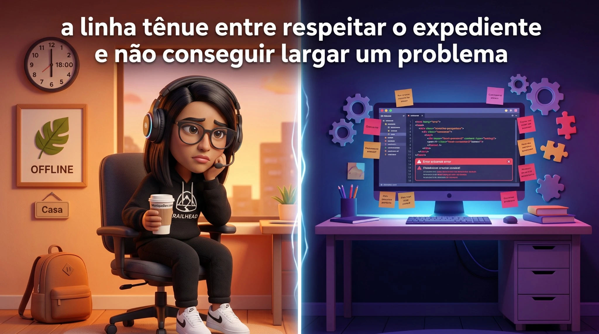 Ilustração sobre encerrar o expediente e continuar pensando em um problema de código