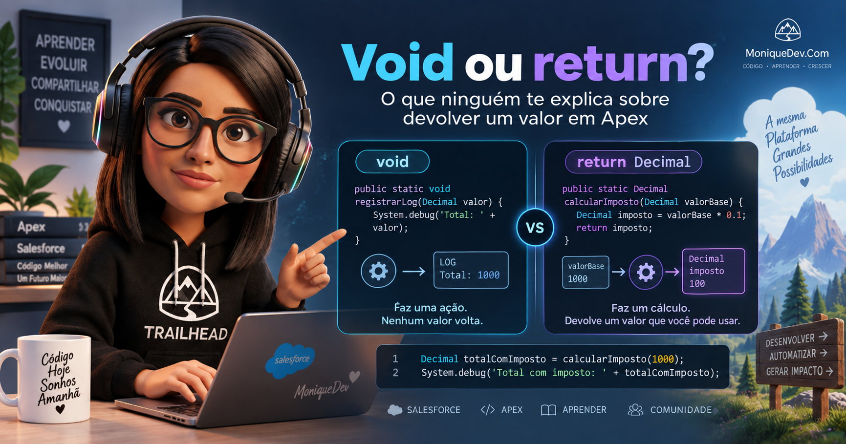 Comparação visual entre métodos void e métodos com return em Apex