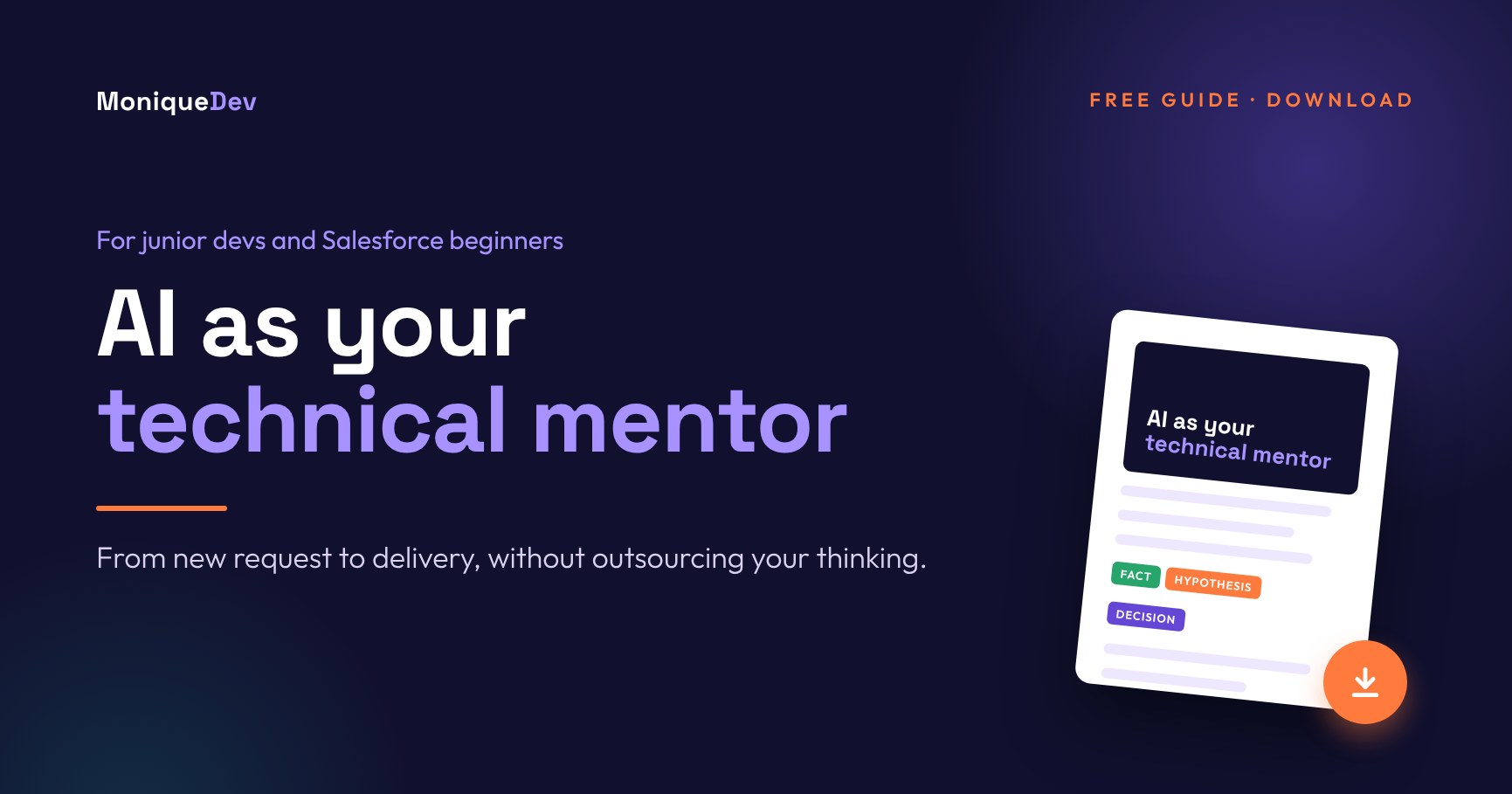 Cover of the AI as your technical mentor guide, with a document and a download button