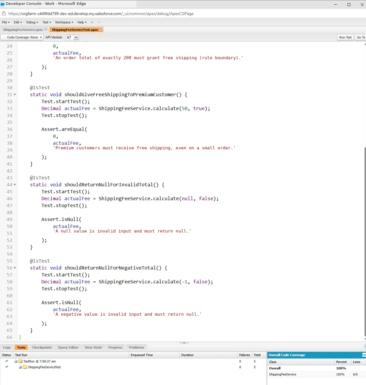 Developer Console test panel showing five passing tests and 100 percent coverage for ShippingFeeService