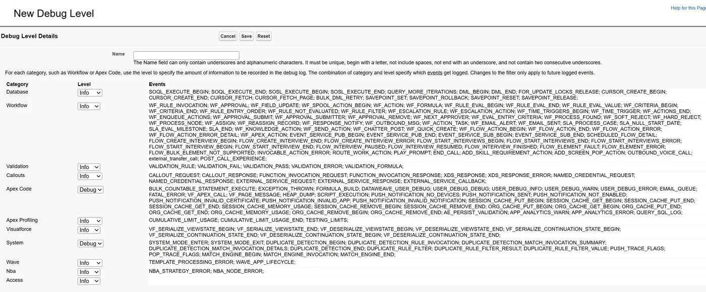 Real Debug Level configuration screen showing each category (Database, Workflow, Validation, Callouts, Apex Code, Apex Profiling, Visualforce, System, Wave, Nba, Access), the level selected for each, and the list of events each category can generate
