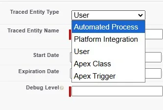 Traced Entity Type dropdown showing the options Automated Process, Platform Integration, User, Apex Class, and Apex Trigger