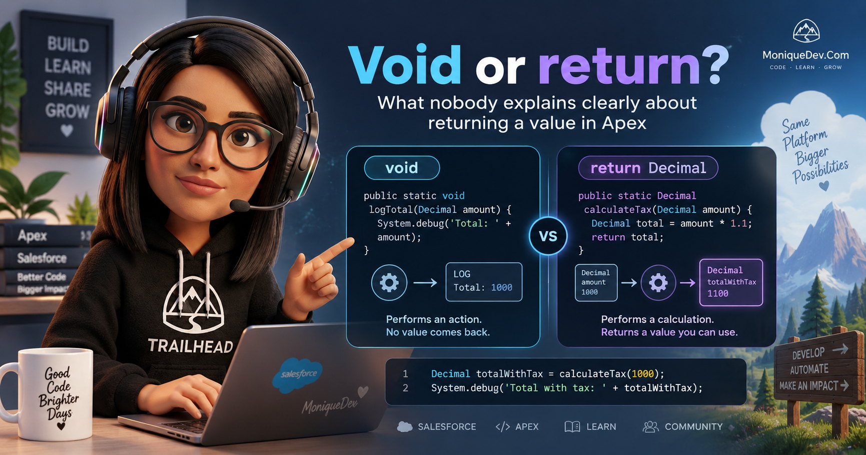 Visual comparison between void methods and methods that return a value in Apex